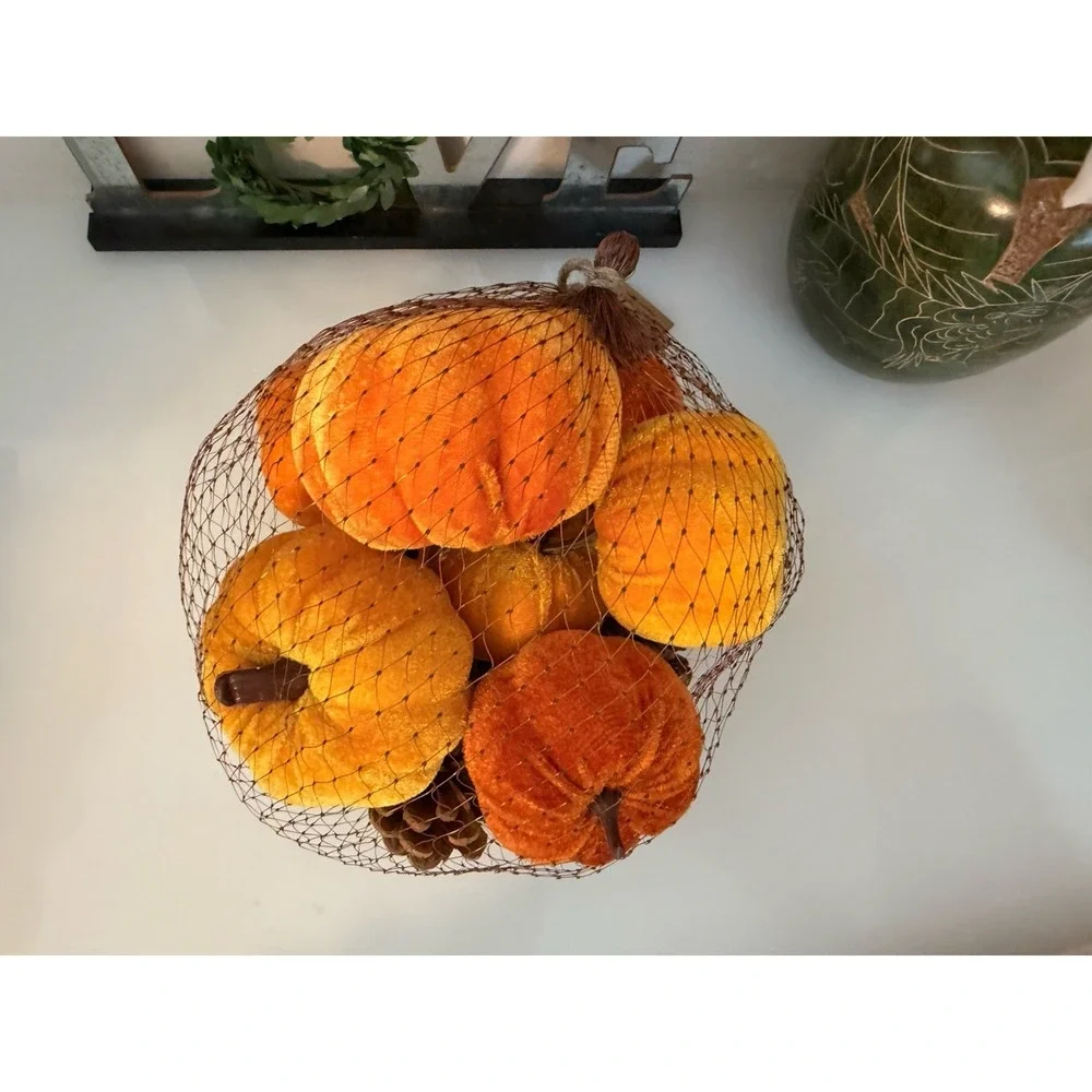 Fall 16 Pcs Velvet Pumpkin and Pinecones Net Bag Decoration Set Assort Sizes New